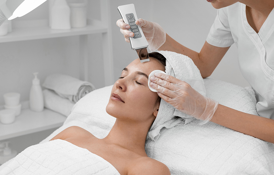 beautician doing face beauty routine female client