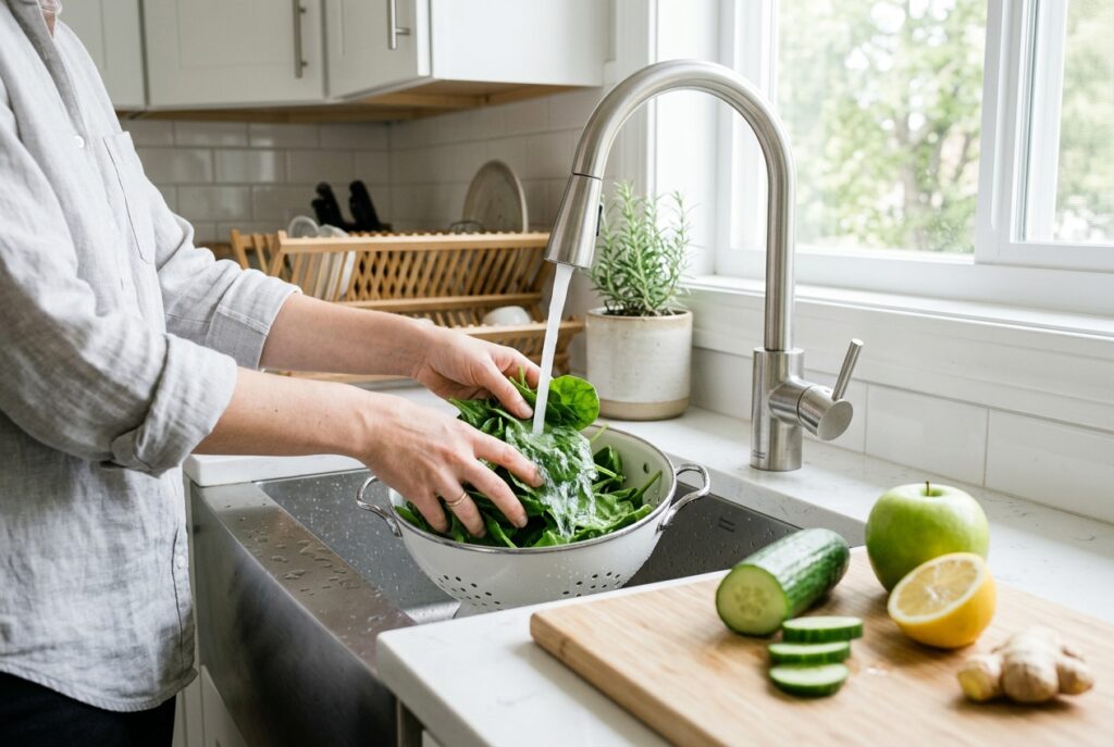 Washing spinach, cucumber and green apple for a weight loss juice recipe