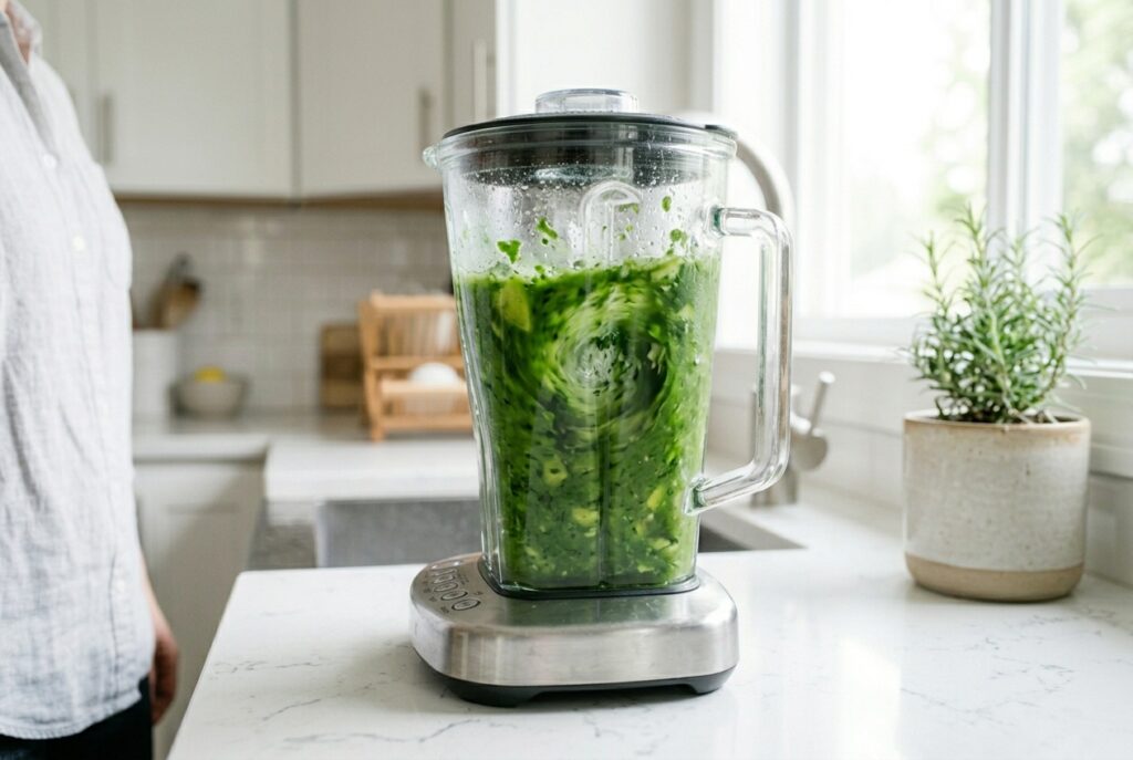 Blending spinach, cucumber, green apple, lemon and ginger into a green juice