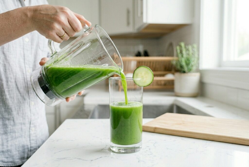 Pouring fresh green weight loss juice into a glass with cucumber garnish