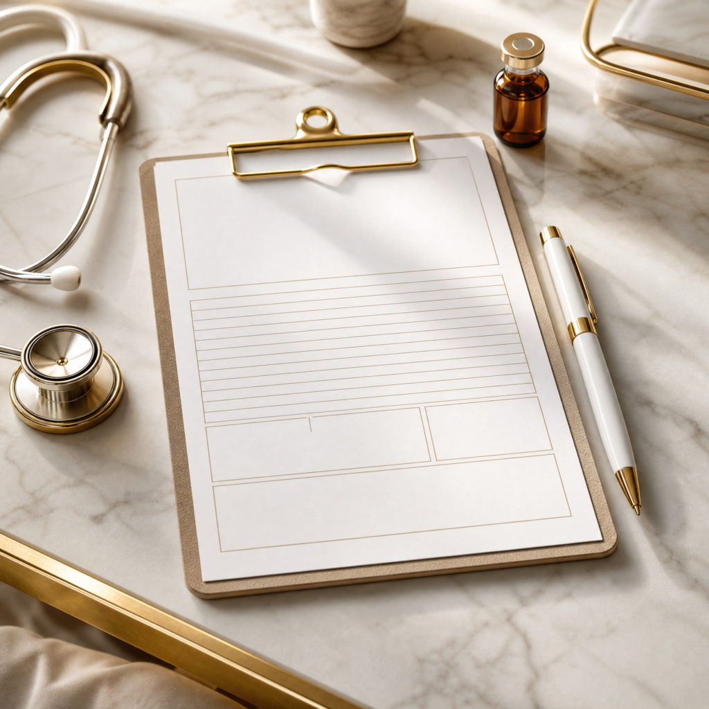 Medical clipboard, pen and amber vial on white marble representing a physician-supervised weight loss consultation at Rodriguez Rejuvenation in Houston TX