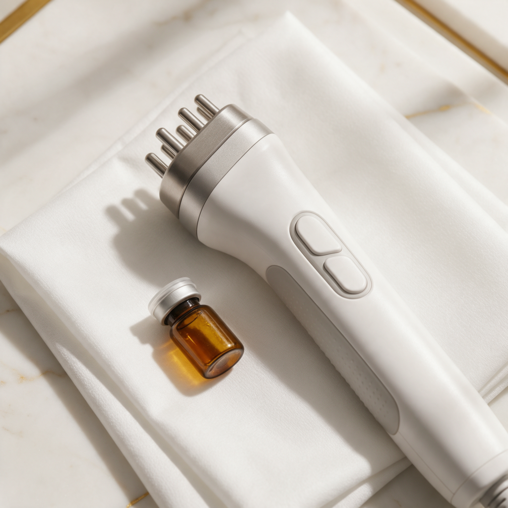 Radiofrequency medical device handpiece on white marble surface representing ThermiVa non-surgical vaginal rejuvenation treatment available in Houston and Cypress TX at Rodriguez Rejuvenation