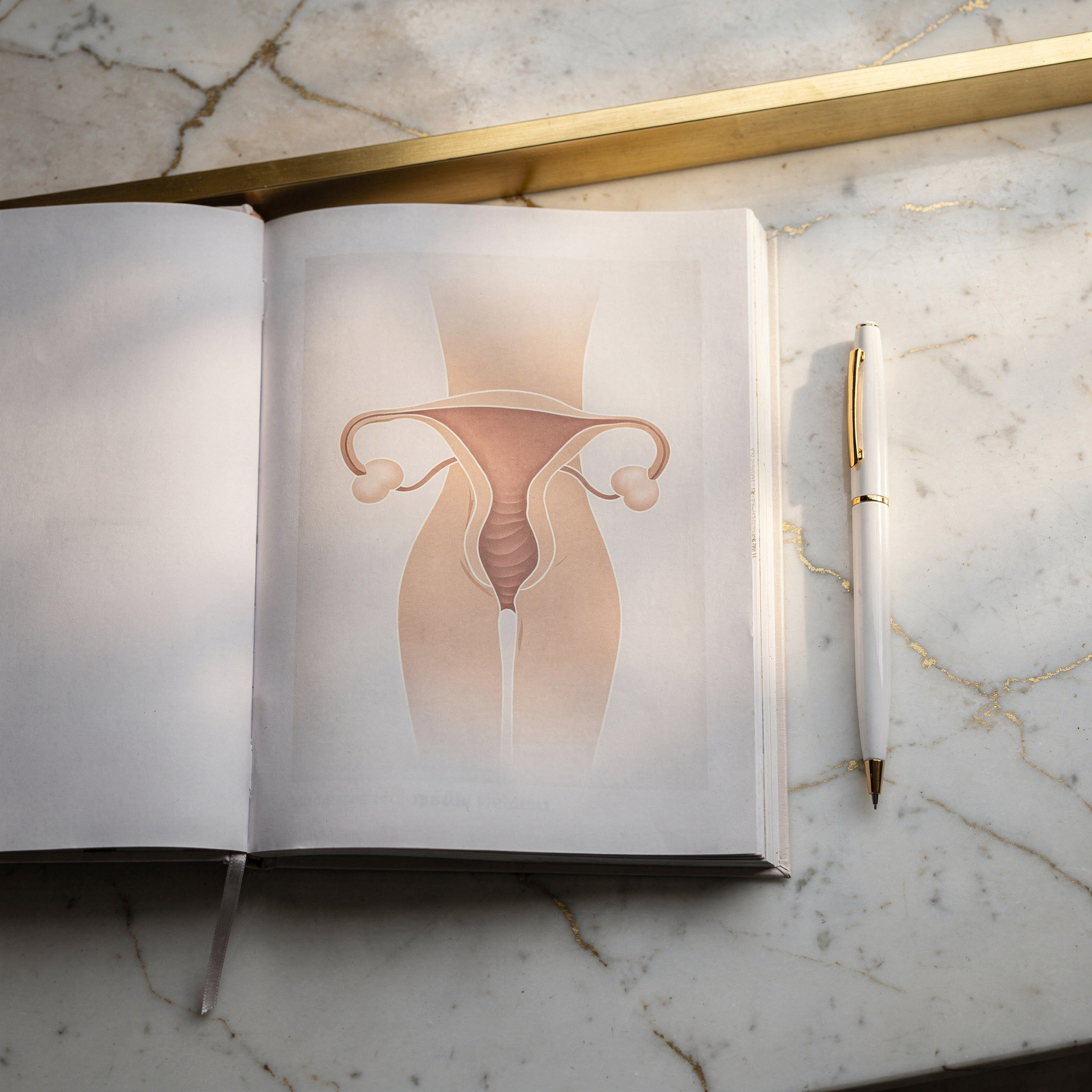 Open medical textbook with feminine wellness anatomical illustration on white marble surface representing non-surgical intimate wellness treatments at Rodriguez Rejuvenation in Houston TX